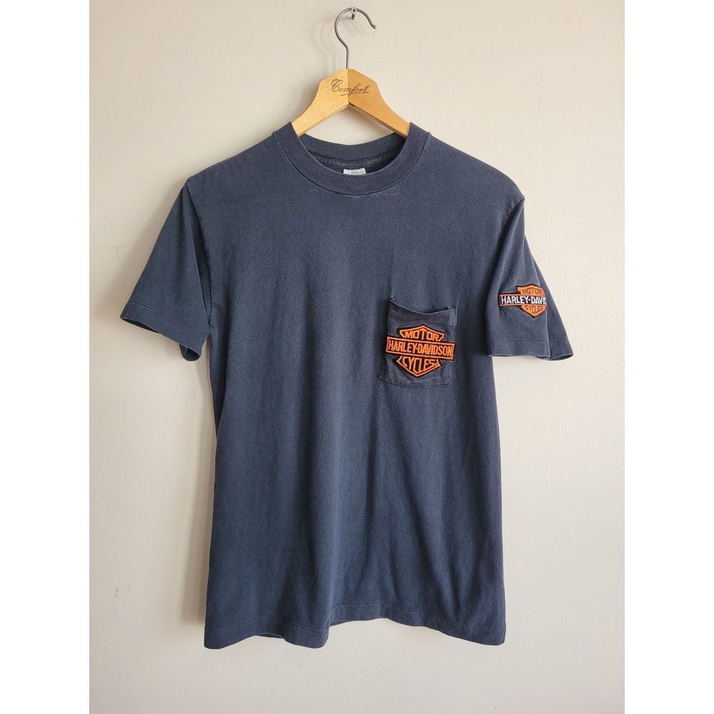 Vintage Harley Davidson Single Stitch Biker Pocket T-Shirt Belton Small Black